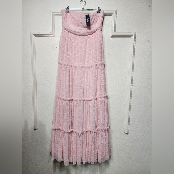 Lulus Sweetness Light Pink Mesh Swiss Dot Tiered Maxi Dress M Wedding Party - Picture 6 of 9